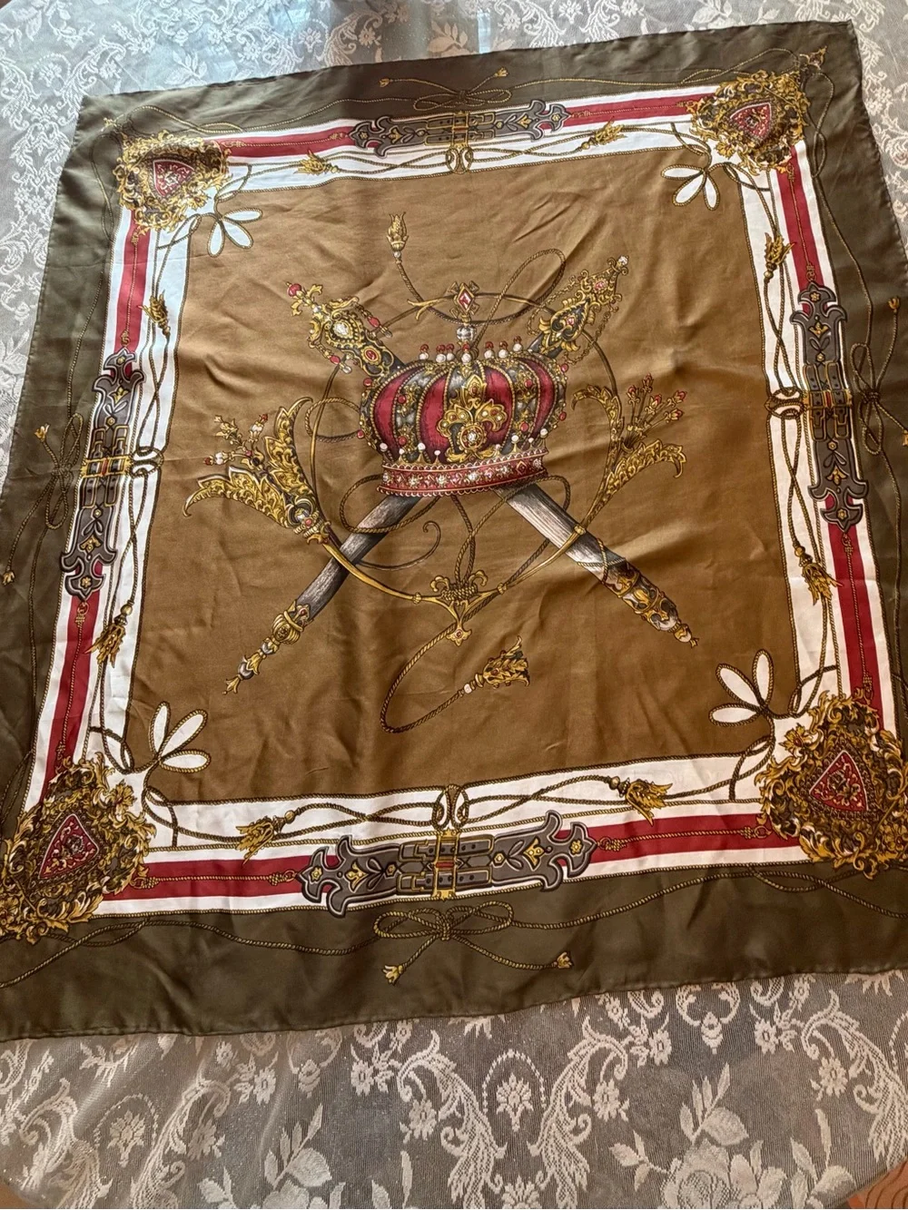 Vintage Olive Crown & Swords Decorative Silk Scarf
